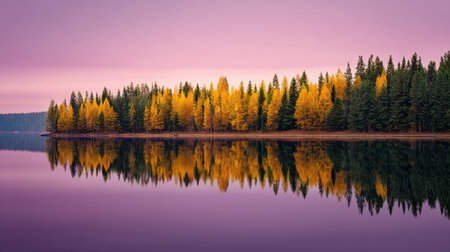 A tranquil autumn scene featuring vibrant orange and yellow trees reflected in a calm lake under a gentle pink sky, capturing the essence of nature's beauty at sunset.の素材