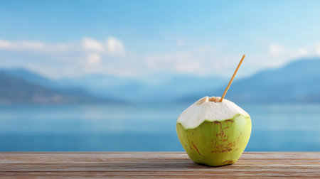 A fresh coconut sits on a wooden table, offering a refreshing drink in a tropical paradise. Background features serene water and mountains under a bright sky, promoting relaxation.の素材