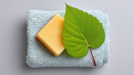 A bright yellow soap bar is placed on a soft blue towel with a large green leaf. This image highlights relaxation and wellness, perfect for spa and self-care themes.の素材