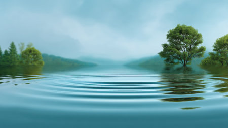 A serene lake scene showcasing rippling water and lush green trees under a misty sky. This image captures the essence of natural beauty and tranquility in nature.の素材