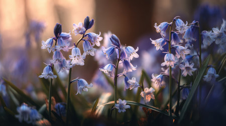 Enjoy a serene scene featuring delicate bluebell blossoms illuminated by soft evening light, creating a tranquil atmosphere perfect for nature lovers and floral enthusiasts.の素材