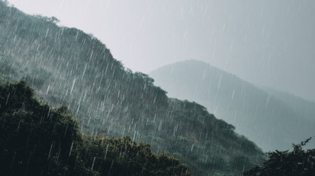 This stunning image captures a lush mountain landscape shrouded in rain, highlighting the serene beauty of nature and invoking a sense of tranquility and peace.の素材