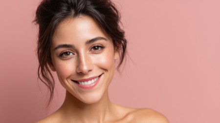 A captivating portrait of a young woman smiling beautifully against a pink backdrop. Her natural features and warm expression evoke feelings of positivity and joy.の素材