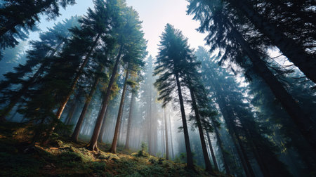 This captivating image captures a misty forest with towering pine trees, sunlight breaking through the fog, creating a tranquil atmosphere perfect for nature lovers.の素材