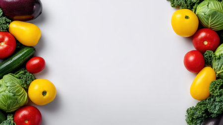 A visually appealing arrangement of fresh vegetables including cucumbers, tomatoes, and leafy greens, perfect for promoting healthy eating and culinary creativity.の素材