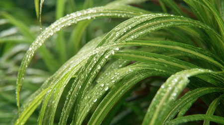 Discover the stunning close-up of green leaves adorned with raindrops, capturing the essence of nature's beauty and tranquility in a refreshing outdoor setting.の素材