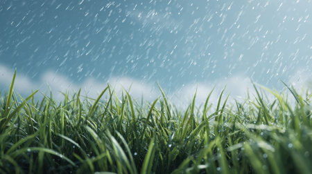 A serene close-up shot of vibrant green grass adorned with glistening raindrops. The scene captures the tranquility of nature, showcasing beauty and freshness during rainfall.の素材
