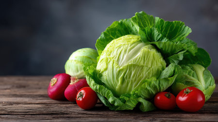 A vibrant arrangement of fresh cabbage, red tomatoes, and onions on a rustic wooden table, capturing the essence of healthy eating and organic food choices.の素材