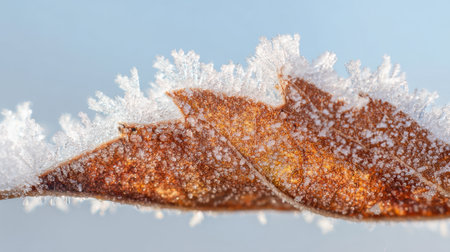 A stunning close-up of a frosty leaf adorned with sparkling ice crystals, set against a soft blue background, showcasing the enchanting details of winter's beauty.の素材