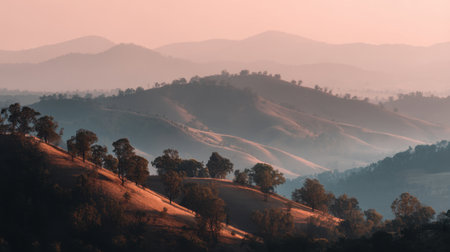 A breathtaking view of gentle rolling hills at dawn, featuring soft hues of pink and purple in the sky. The landscape is tranquil, inviting peaceful reflection amid nature.の素材