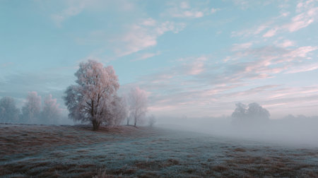 A stunning view of a winter landscape featuring frosty trees, a misty field, and soft blue skies at dawn, evoking a sense of peace and the beauty of nature.の素材