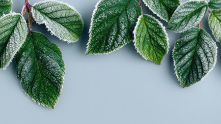 This image captures beautifully frosted green leaves adorned with delicate ice crystals. The soft blue background enhances the serene and fresh feeling of winter nature.の素材