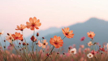 A stunning field of vibrant orange flowers gracefully swaying in the gentle breeze, set against soft mountains and a serene sunrise sky, creating a peaceful moment in nature.の素材