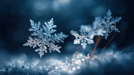 This mesmerizing close-up image showcases intricate snowflakes resting on a shimmering snow surface, beautifully highlighting nature's exquisite winter patterns and details.の素材
