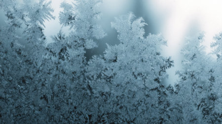 Captivating close-up of intricate frost patterns on a window, showcasing delicate crystals in cool blue tones, evoking a serene winter morning ambiance.の素材