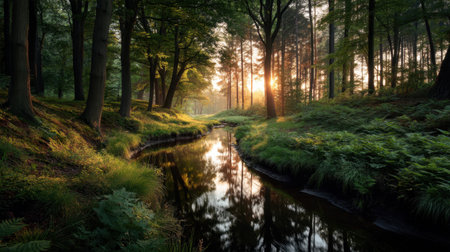 A serene forest landscape featuring a gentle stream reflecting the warm glow of sunset. Lush greenery surrounds the water, creating a peaceful and tranquil atmosphere.の素材
