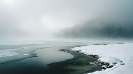 A serene winter scene showcasing a misty landscape with a frozen lake, snow-covered shore, and thick fog, evoking tranquility and the peacefulness of nature.の素材