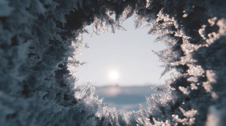 A stunning frosty view framed by intricate ice patterns, showcasing a serene morning scene with soft sunlight peeking through. A perfect winter wonderland.の素材