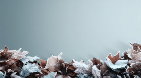 Capture the serene beauty of frosty autumn leaves against a gentle gray background, evoking a calm and tranquil atmosphere ideal for seasonal projects and nature themes.の素材