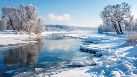 Capture the serene beauty of a winter landscape featuring a frozen river, snow-laden trees, and a reflection of blue skies, evoking a sense of tranquility and peace.の素材