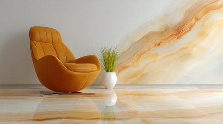 A chic orange chair adds warmth to a contemporary interior with a marble patterned wall. Decorative plant enhances the stylish and inviting atmosphere of the space.の素材