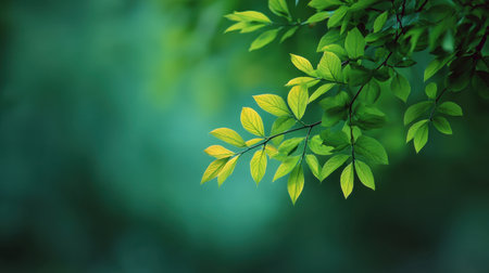 This image showcases delicate green leaves gently illuminated, set against a blurred background, perfect for evoking serenity and natural beauty.の素材