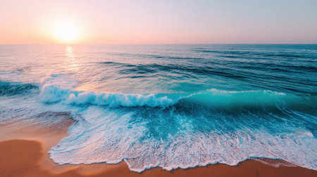 A breathtaking view of a sunrise casting soft hues over the ocean waves, creating a tranquil atmosphere at the beach, ideal for conveying peace and beauty.の素材