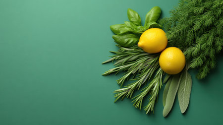 A beautiful arrangement of fresh lemons paired with aromatic herbs like basil, dill, rosemary, and sage, set against a vibrant green background. Ideal for food and health themes.の素材