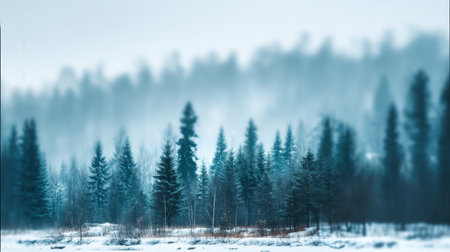 Explore a captivating winter landscape featuring evergreen trees shrouded in mist and soft snow, creating a sense of tranquility and serene beauty in nature.の素材