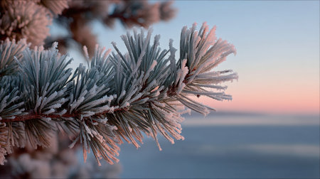A close-up view of a frosted pine branch capturing the delicate beauty of winter. Soft pastel colors reflect a tranquil morning landscape, evoking peace and serenity.の素材