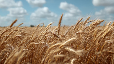 A beautiful scene of golden wheat swaying gently in the breeze under a bright blue sky filled with fluffy clouds, showcasing nature's agricultural beauty.の素材