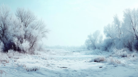 A serene winter landscape featuring frost-covered trees and a blanket of fresh snow. The soft light enhances the tranquil ambiance of this peaceful natural scene.の素材