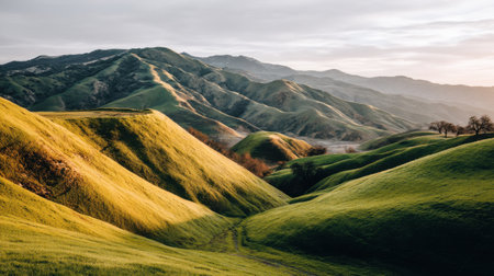 Explore a breathtaking view of lush green hills under soft golden light at sunset, with distant mountains and a winding path inviting adventure and tranquility.の素材