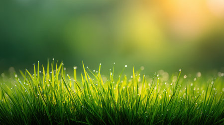 This image features lush green grass adorned with morning dew, illuminated by soft sunlight, perfect for nature-themed projects, promoting freshness and tranquility.の素材