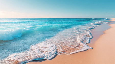 Discover the beauty of a serene tropical beach where soft waves gently kiss the sandy shore under a clear blue sky, perfect for relaxation and vacation.の素材