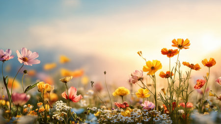 Experience a captivating floral landscape alive with vibrant wildflowers, bathed in warm sunset light, offering a serene and peaceful outdoor ambiance.の素材