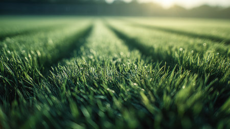 A serene close-up of lush green grass glistening with morning dew, illuminated by the gentle warmth of sunrise, capturing the essence of nature's beauty.の素材