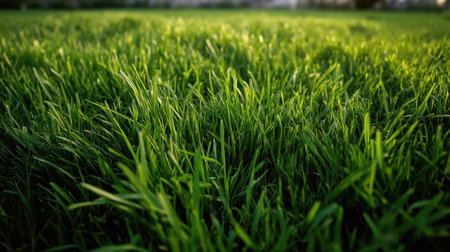 An exquisite close-up of lush green grass displaying intricate details in bright sunlight, perfect for themes of nature, tranquility, and outdoor beauty.の素材
