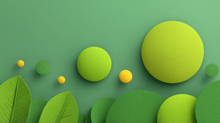 Explore this vibrant green backdrop featuring circular shapes and lush leaves, perfect for nature-inspired themes, modern designs, or eco-friendly projects.の素材