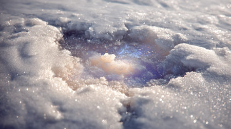 A mesmerizing view revealing a glimpse of the galaxy through a snow-covered surface, highlighting the enchanting beauty of winter and cosmic mystery in a serene atmosphere.の素材