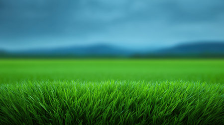 A serene image featuring vibrant green grass in the foreground against a dramatic blue sky and distant mountains. Perfect for landscape and nature projects.の素材