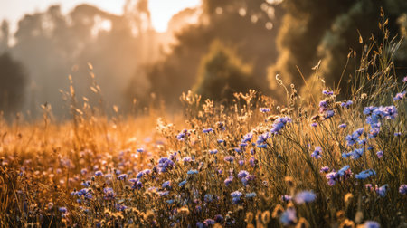 A picturesque field of wildflowers bathed in warm sunlight at golden hour, creating a serene and tranquil atmosphere in a lush natural landscape.の素材