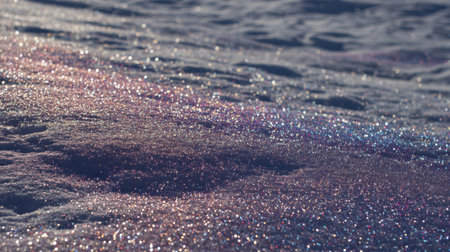 Glimmering sand covered in sparkling particles shines beautifully under the low sunlight, creating a picturesque and serene beach landscape, perfect for nature lovers.の素材