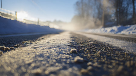 This captivating winter road scene captures the tranquility of a frosty path under a bright blue sky, evoking a sense of calm and natural beauty in the cold season.の素材