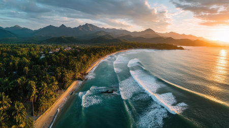 Experience the tranquility of a stunning tropical beach at sunset, featuring gentle waves lapping at the shore, surrounded by lush palm trees and majestic mountains.の素材