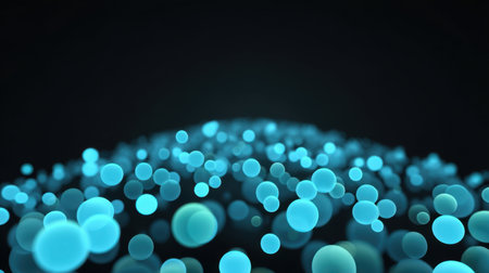 Immerse in this abstract atmosphere featuring glowing blue bubbles against a dark background, perfect for digital art, creative projects, and soothing visuals.の素材