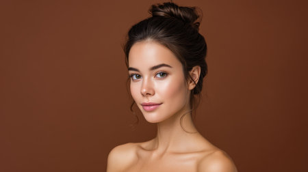 A beautiful woman poses gracefully against a warm brown backdrop, showcasing her natural beauty and highlighting serenity, elegance, and timeless charm.の素材