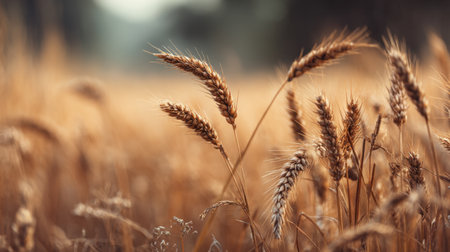 A beautiful scene of golden wheat gracing a tranquil field. The soft light enhances the natural beauty, making it perfect for agricultural or nature themes.の素材