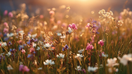 A breathtaking scene of a colorful wildflower meadow captured at sunrise, with soft lighting illuminating delicate petals, creating a tranquil atmosphere in nature.の素材