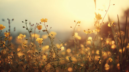 Stunning wildflowers bask in the warm glow of sunrise, creating a serene landscape filled with delicate petals and a dreamy mist. Nature's beauty on display.の素材